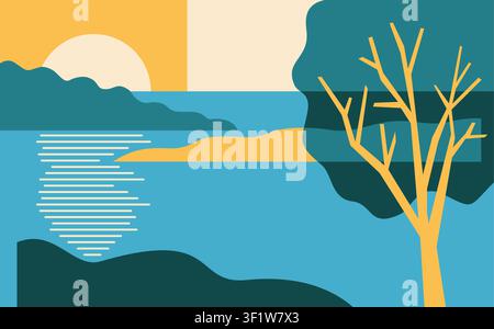 Beautiful abstract landscape in simple cartoon style and using 4 colors. Beautiful scene with lake shore, tree crown and sunny sky  Stock Vector