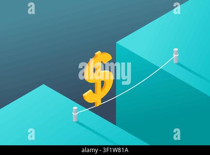 Business risk and unstable economics concept - dollar sign crossing the abyss on tiny rope. Financial risk concept. Vector illustration Stock Vector