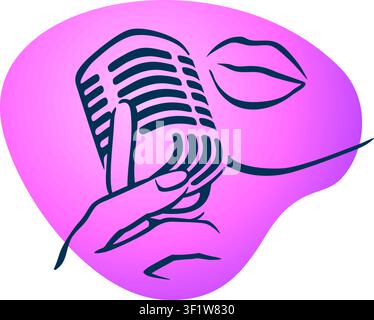 Karaoke Party or Live concert poster element - drawn silhouette of singing woman lips and vintage microphone in hands  Stock Vector