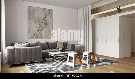 3D render of a modern living room interior. Contemporary apartment design featuring a grey tufted sofa, marble coffee table, and abstract wall art Stock Photo