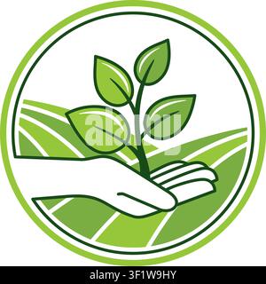 Hand holding plant sprout with green fields on backdrop - logo concept for agriculture, natural food products or fertilizers. Vector icon Stock Vector