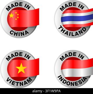 Country of origin icons set - Made in China, Thailand, Vietnam and Indonesia - isolated badges with country flag Stock Vector