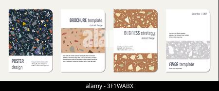 Notebook cover design. Terrazzo abstract background made of natural stones, granite, quartz and marble. Venetian terrazzo texture notebook cover template. Stock Vector