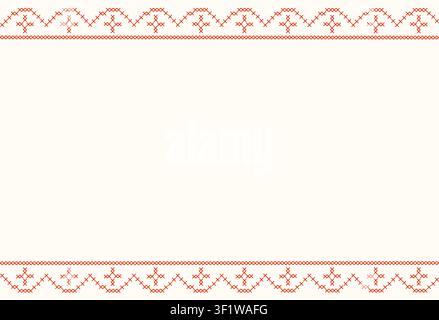 Background with cross-stitch embroidery geometric border. Horizontal banner with pixelated needlework vintage frame. Cottagecore greeting card Stock Vector