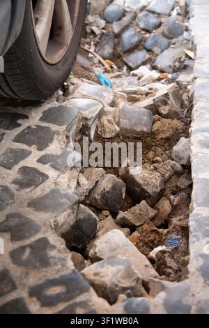 neglected urban street with cracked and broken pavement stones and car tire close-up showing concrete damage and dirt accumulation in a commercial Stock Photo