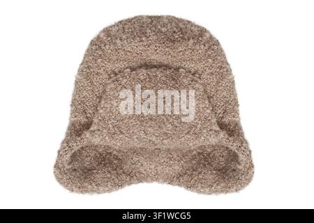 Brown teddy fabric knit winter earflaps hat isolated over white Stock Photo