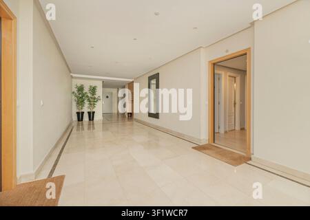 Spacious corridor featuring polished beige tiles, two tall potted plants, a rectangular wall mirror, and an open wooden doorway. Stock Photo