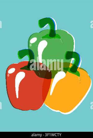 Minimalist risograph print of red, green, and yellow bell peppers on a blue background. Stock Vector