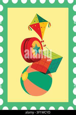 Retro vector illustration of a kite, yo-yo, puzzle cube, and beach ball on a stamp. Stock Vector