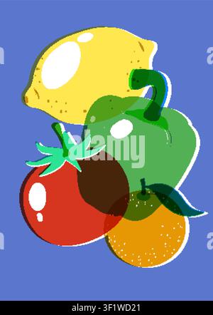 Minimalist risograph print of lemon, bell pepper, tomato, and orange on blue background. Stock Vector