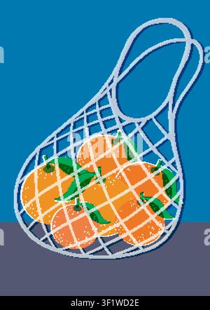 Stylized risograph vector art of citrus fruits inside a white mesh grocery shopping bag. Stock Vector