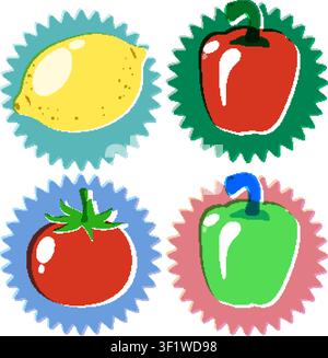 Four stylized food icons including lemon, peppers, and tomato in a vintage graphic print style. Stock Vector