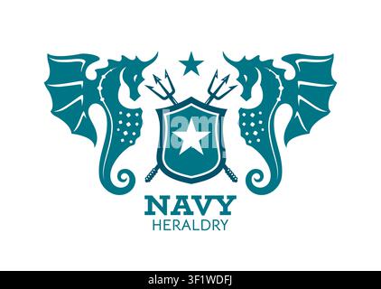 Marine heraldry icon with trident and navy shield Stock Vector
