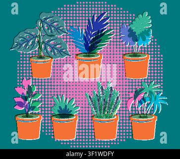 Stylized botanical illustration of various houseplants in terracotta pots with vibrant risograph halftone textures. Stock Vector