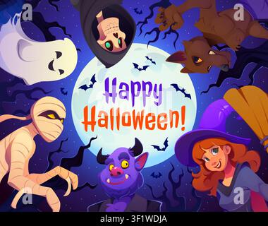 Happy Halloween poster with holiday characters Stock Vector