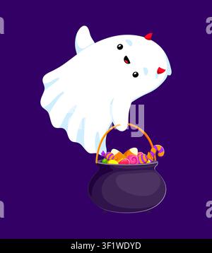 Cute kawaii Halloween ghost with horns and sweets Stock Vector