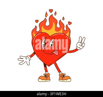 Groovy heart with burning fire, cartoon character Stock Vector