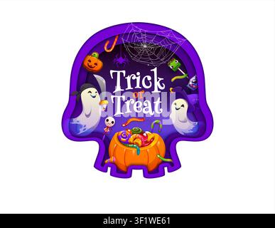 Halloween paper cut skull silhouette, cute ghosts Stock Vector