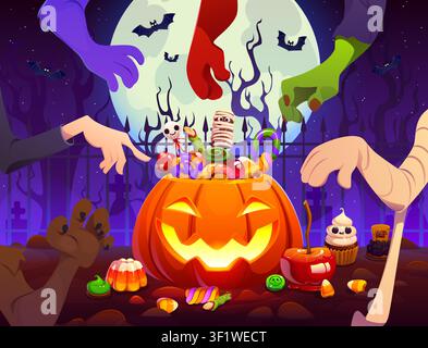 Halloween bucket Jack o lantern pumpkin, candies Stock Vector