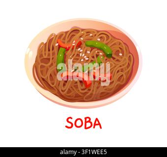 Soba Asian noodles bowl or Japanese pasta soup Stock Vector