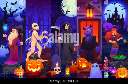 Cartoon Halloween scary cartoon characters collage Stock Vector