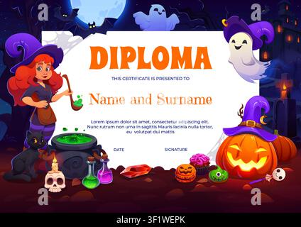Halloween holiday kids diploma with witch, ghost Stock Vector