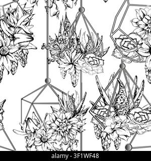 Faceted geometric wire holders with mixed succulent plant, vine arrangements, hanging terrarium mini gardens. Seamless pattern hand drawn in vector Stock Vector