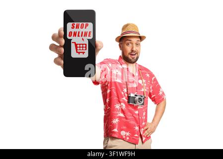 Male tourist showing a smartphone screen with text shop online isolated on white background Stock Photo