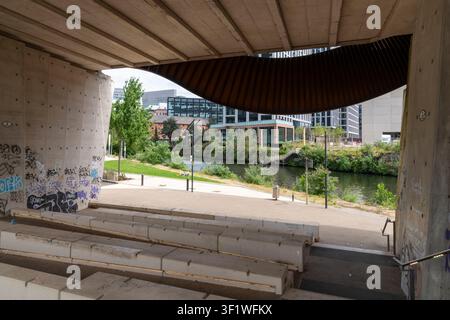 Under the Railway bridge beside the river Irwell near Aviva studios on the boundary of Salford and Manchester. Stock Photo