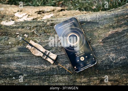 Smartphone displaying paused meditation app timer sits next to burning incense stick on weathered log. Pausing meditation session, taking a break app Stock Photo