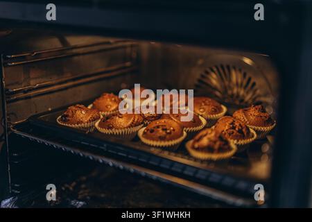 Fresh homemade cinnamon rolls bake in an oven on a tray with golden crust and warm light. Home baking celebrates comfort food, family traditions, and Stock Photo