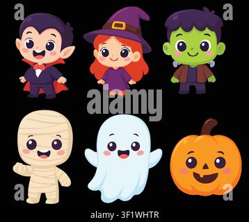 Cute cartoon Halloween monsters characters black background Stock Vector
