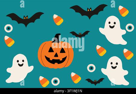 Cute Halloween ghosts and pumpkin teal background Stock Vector
