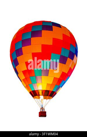 Colorful Hot Air Balloon with Flame Burner and Wicker Basket Isolated on White Background, Adventure Travel Concept Stock Photo