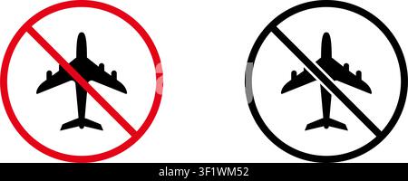 No Airplane Prohibition Sign Icon Set. Forbidden Aircraft Warning And Restriction Symbol Collection. Stop And Ban Notice. Isolated Vector Illustration Stock Vector