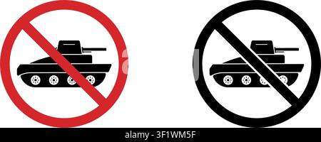No Tanks Prohibition Sign Icon Set. Forbidden Military Vehicle Warning And Restriction Symbol Collection. Stop And Ban Notice. Isolated Vector Stock Vector
