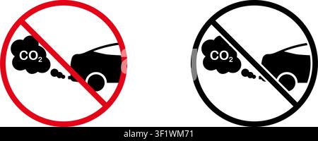 No Vehicle Emissions Prohibition Sign Icon Set. Forbidden Car Exhaust Co2 Warning And Restriction Symbol Collection. Stop And Ban Notice. Isolated Stock Vector