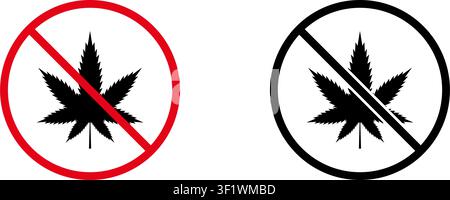 No Cannabis Prohibition Sign Icon Set. Forbidden Marijuana Leaf Warning And Restriction Symbol Collection. Stop And Ban Notice. Isolated Vector Stock Vector