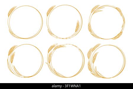 Wheat wreath and round frame icon set. Cereal grain spikelet, stalk and laurel branch symbols for bakery, bread, packaging label and badge design. Agriculture heraldry emblem. Vector illustration Stock Vector