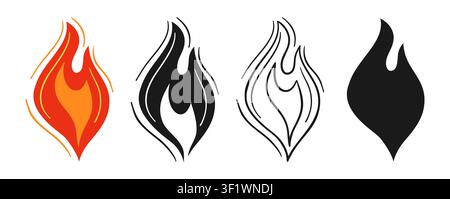 Fire flame cartoon doodle set. Bonfire, campfire, fireball and wildfire silhouette symbols. Hot burning blaze icons for logo, branding and graphic design. Vector illustration collection Stock Vector