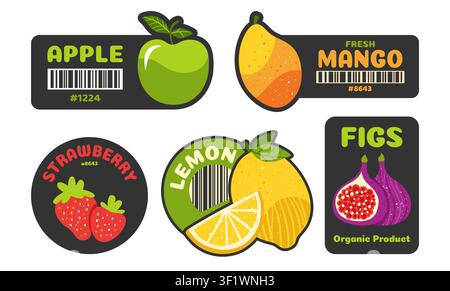 Retro fruit sticker set. Colorful organic farm labels for supermarket and grocery store. Trendy cartoon badges with fresh quality lemon fig apple strawberry. Flat vector illustration collection Stock Vector