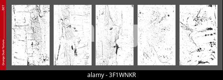 Grunge dust overlay texture pack. Weathered grain backgrounds, torn grainy patterns, distress scratches. Abstract dirty urban effect for posters and creative design. Vector illustration vintage set Stock Vector