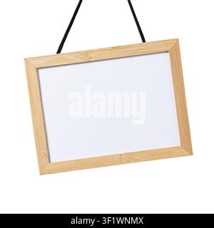 Blank whiteboard with wooden frame hanging cut out on white background Stock Photo