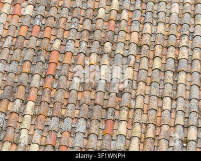 Full frame background of traditional weathered Mediterranean clay roof tiles. Stock Photo