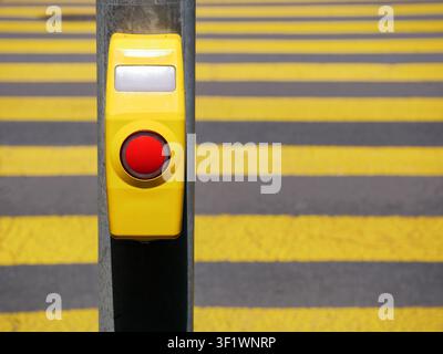 Pedestrian crossing push button on a traffic signal pole with yellow striped crosswalk in the background. Concept of road safety, accessibility, urban Stock Photo