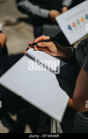 Hand holding pen over blank spiral notebook during outdoor business meeting and collaboration Stock Photo