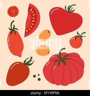 Fresh handdrawn collection featuring beefsteak, cherry and plum tomatoes, slices, halves, cherry branches and a heart-shaped tomato on a beige backgro Stock Vector