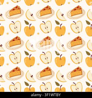 Cozy Seamless Pattern with Yellow Apples and Sweet Pie Slices Stock Vector