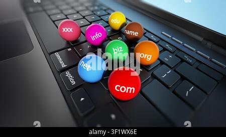 Domain name spheres standing on laptop computer keyboard. 3D illustration. Stock Photo
