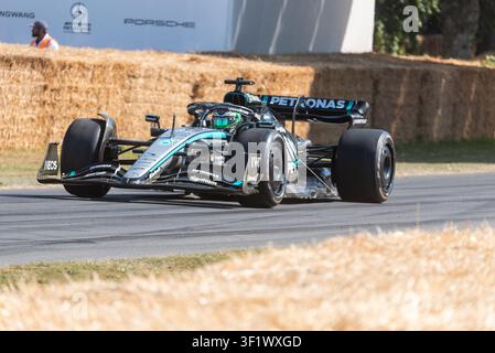2022 Mercedes-AMG F1 W13 E Performance Grand Prix racing car on the hill climb track at the Goodwood Festival of Speed 2026. Stock Photo